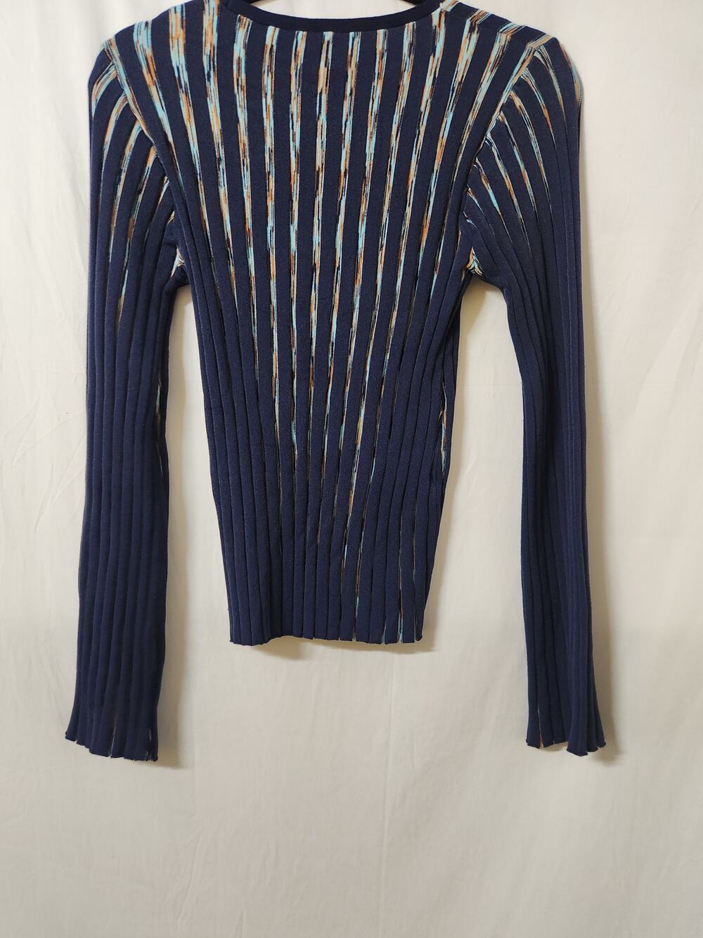 Ecru Spacedye Rib Knit Crewneck Sweater Navy Stripe Long Sleeve Size M NWT